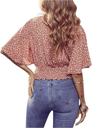 SweatyRocks Women's Short Butterfly Sleeve Ditsy Floral Wrap V Neck Shirred Blouse Crop Top in Saudi Arabia