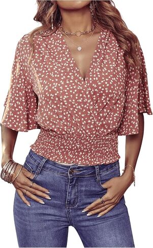 SweatyRocks Women's Short Butterfly Sleeve Ditsy Floral Wrap V Neck Shirred Blouse Crop Top in Saudi Arabia