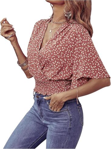 SweatyRocks Women's Short Butterfly Sleeve Ditsy Floral Wrap V Neck Shirred Blouse Crop Top in Saudi Arabia