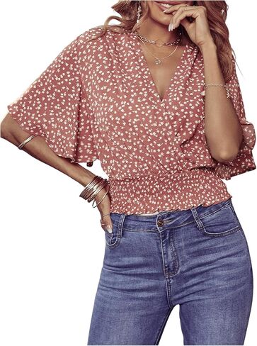 SweatyRocks Women's Short Butterfly Sleeve Ditsy Floral Wrap V Neck Shirred Blouse Crop Top in Saudi Arabia