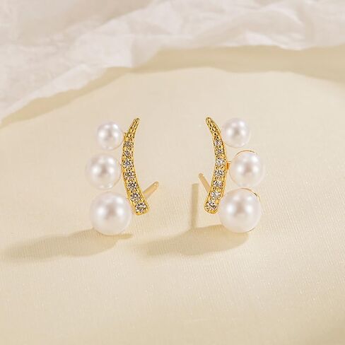 Pearl Smile Earrings for Women, 14K Gold Plated Statement Geometric Stud Pearl Stud Earrings Climber Jewelry as Wedding Gifts in Saudi Arabia