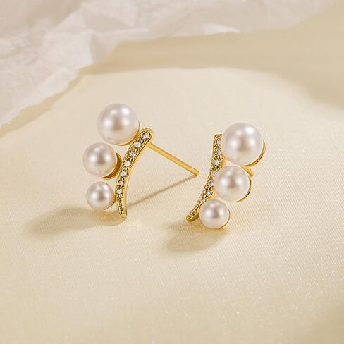 Pearl Smile Earrings for Women, 14K Gold Plated Statement Geometric Stud Pearl Stud Earrings Climber Jewelry as Wedding Gifts in Saudi Arabia