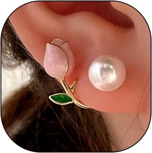 Dainty Tulip Flower Enamel Statement Earrings,Charming Floral Pearl Jacket Front Back Earrings Trendy Petal Dripping Oil Jewelry Accessory Gift for Women in Kuwait