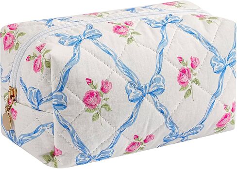 Cute Floral Cotton Makeup Bag, Quilted Makeup Bag for Women Girls, Travel Floral Cosmetic Bag Zipper Make Up Pouch, Flowers Toiletry Organizer Bag (Small Red Bowknot) in Saudi Arabia