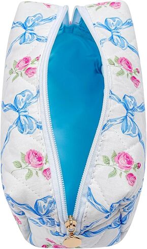Cute Floral Cotton Makeup Bag, Quilted Makeup Bag for Women Girls, Travel Floral Cosmetic Bag Zipper Make Up Pouch, Flowers Toiletry Organizer Bag (Small Red Bowknot) in Saudi Arabia