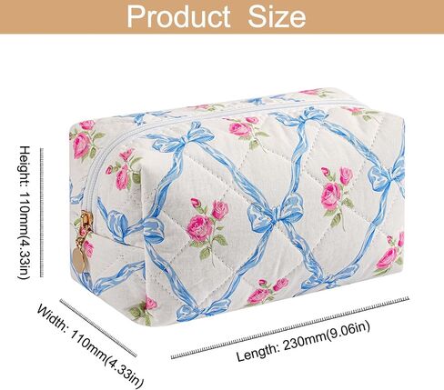Cute Floral Cotton Makeup Bag, Quilted Makeup Bag for Women Girls, Travel Floral Cosmetic Bag Zipper Make Up Pouch, Flowers Toiletry Organizer Bag (Small Red Bowknot) in Saudi Arabia