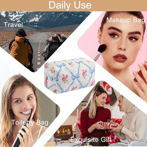 Cute Floral Cotton Makeup Bag, Quilted Makeup Bag for Women Girls, Travel Floral Cosmetic Bag Zipper Make Up Pouch, Flowers Toiletry Organizer Bag (Small Red Bowknot) in Saudi Arabia