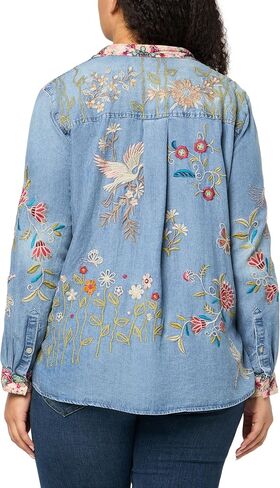 John Mark Women's Embroidered Patch Mix Media Button Front with Long Sleeves in Saudi Arabia