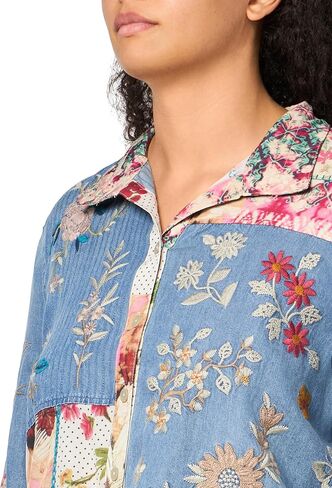 John Mark Women's Embroidered Patch Mix Media Button Front with Long Sleeves in Saudi Arabia