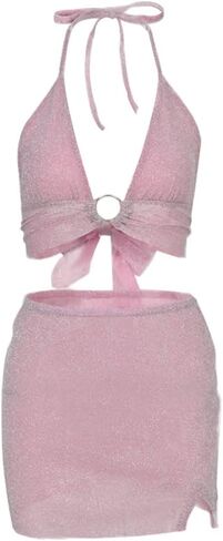 GRAEEN Two Piece V Neck Mini Dress Sleeveless Halter Bodycon Dresses SparklyParty Clubwear Dress Women in Saudi Arabia
