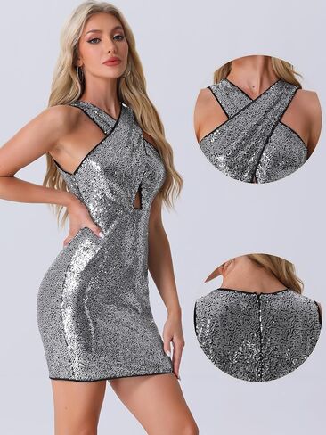Allegra K Sequin Dress for Women's Halter Neck Sleeveless Bodycon Cocktail Party Mini Dresses in Saudi Arabia