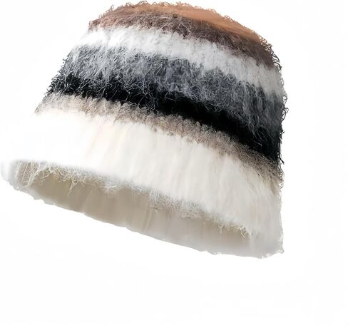 Fuzzy Striped Mohair Beanie Hat, Crochet Knitted Beanie for Women, Y2K Multicolored Stripes, Reversible Furry Beanie for Men in Saudi Arabia