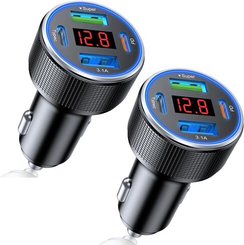 USB C Car Charger Adapter, 78W 4 Port Metal Fast Charging USB Car Charger with Voltmeter Dual USB C Car Phone Charger Type C Cigarette Lighter USB Charger for iPhone 15/14/13/12, Samsung Galaxy, iPad in Saudi Arabia