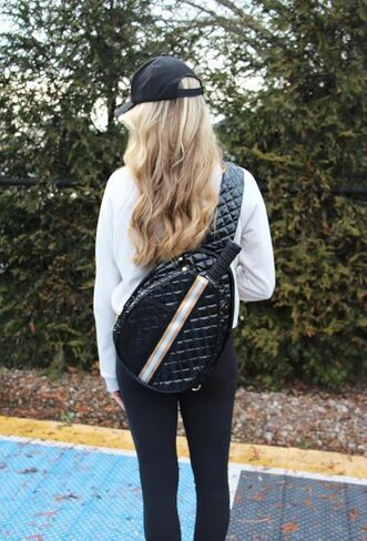 Grace Double Bounce Black Striped 16 x 12.5 x 3.5 Inch Quilted Nylon Womens Pickleball Sport Sling Bag in Saudi Arabia
