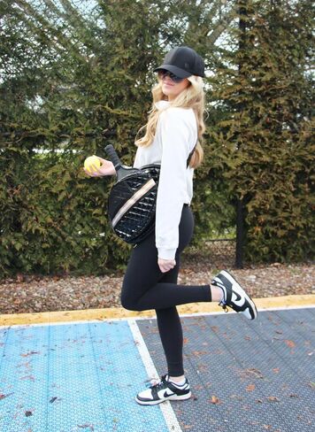 Grace Double Bounce Black Striped 16 x 12.5 x 3.5 Inch Quilted Nylon Womens Pickleball Sport Sling Bag in Saudi Arabia