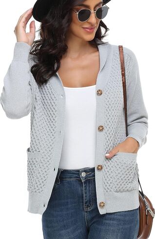 Women Cable Knit Cardigan Shawl Collar Long Sleeve Button Up Sweaters with Pockets Cozy Warm Outwear in Saudi Arabia