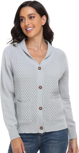 Women Cable Knit Cardigan Shawl Collar Long Sleeve Button Up Sweaters with Pockets Cozy Warm Outwear in Saudi Arabia