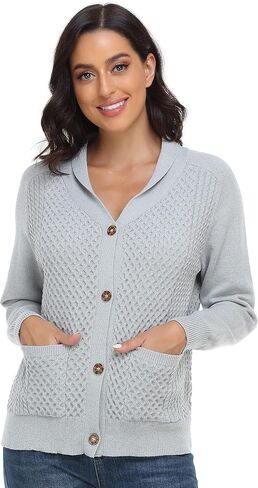 Women Cable Knit Cardigan Shawl Collar Long Sleeve Button Up Sweaters with Pockets Cozy Warm Outwear in Saudi Arabia