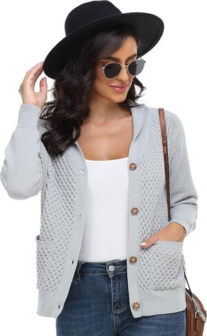 Women Cable Knit Cardigan Shawl Collar Long Sleeve Button Up Sweaters with Pockets Cozy Warm Outwear in Saudi Arabia