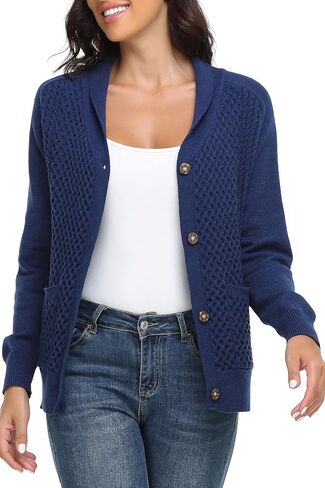 Women Cable Knit Cardigan Shawl Collar Long Sleeve Button Up Sweaters with Pockets Cozy Warm Outwear in Saudi Arabia