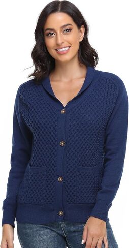 Women Cable Knit Cardigan Shawl Collar Long Sleeve Button Up Sweaters with Pockets Cozy Warm Outwear in Saudi Arabia