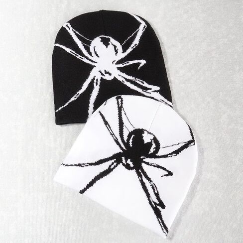 Spider Graphic Beanie Hat for Men Women Y2k Vintage Goth Beanies Winter Warm Knitted Hats Grunge Accessories (White) in Saudi Arabia