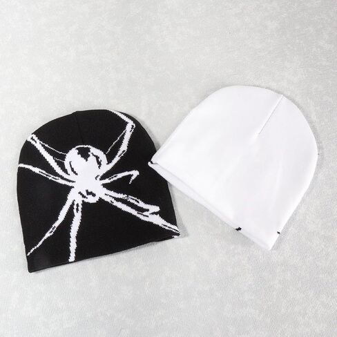 Spider Graphic Beanie Hat for Men Women Y2k Vintage Goth Beanies Winter Warm Knitted Hats Grunge Accessories (White) in Saudi Arabia