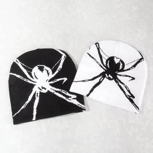 Spider Graphic Beanie Hat for Men Women Y2k Vintage Goth Beanies Winter Warm Knitted Hats Grunge Accessories (White) in Saudi Arabia