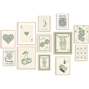 KBKBART Green Lucky Poster Set of 12, Retro Sage Green Playing Card Wall Art, Trendy Green Wall Decor Aesthetic Pictures, Poker Room Decor, Funky Ace Card Prints Queen of Hearts Decor, Lucky You Poster for Bedroom Dorm Decor - UNFRAMED