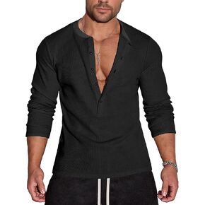 Men's Waffle Henley 5 Buttons Stylish Long&Short Sleeve T-Shirt Casual Slim Fit Tee