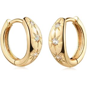 MYEARS Women Starburst Earrings Gold Huggie Hoop Triple Stars Diamond Cubic Zirconia 14K Gold Filled Small Simple Handmade Hypoallergenic Everyday Jewelry