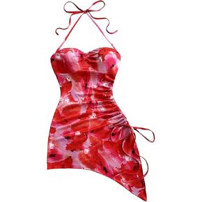 Milumia Women's Tie Dye Drawstring Halter Mini Dress Asymmetrical Hem Backless Short Dresses