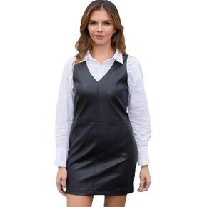 DIASHINY Women's V Neck Sleeveless PU Leather Dress Pinafore Overall Mini Dresses with Pockets