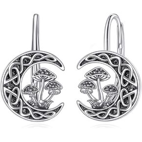 Celtic Moon Cat Mushroom Earrings for Women 925 Sterling Silver Leverback Earrings Crescent Moon Earrings Moon Jewelry