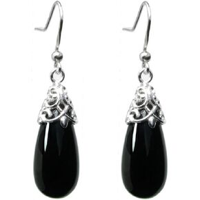 Sterling Silver Black Natural Onyx Teardrop Dangle Filigree Flower French Hook Earrings