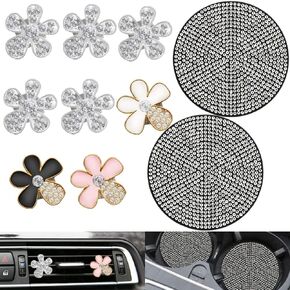 10 pcs Sparkling Car Decoration Flower, SourceTon Car Accessories for Women Interior Cute Set, for Female Car Decoration, Glitter Coaster and Multicolor Flowers Air Outlet Petals(White, Pink, Glitter,