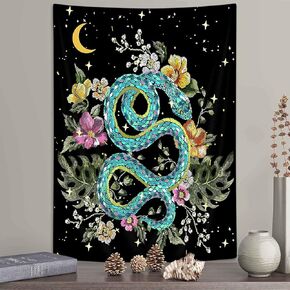 Boziqr Snake Tapestry Wall Hanging Moon and Star Tapestry Weed Flower Floral Asthetic Black Tapestries for Bedroom Living Room Dorm Wall Decor 40X60 Inches