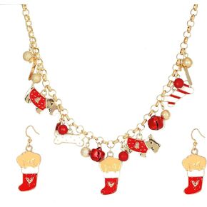 14K Gold Christmas earrings necklace set, Christmas Tree Bear necklace Lollipop Christmas tree pendant necklace, Snow bell pendant multi Layer earrings necklace set for women.