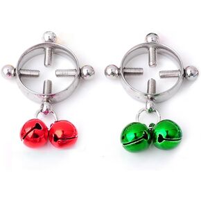 Christmas Double Colors Jingle Bell Fake Nipple Rings for Women Stainless Steel Round Non Piercing Dangle Nipplerings Nipple Shield Xmas Fake Nipple Piercing Jewelry