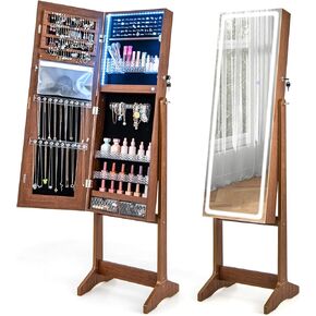 Jewelry Armoire with LED Full Length Mirror, Lockable Jewelry Cabinet with 3-Color Light Strip, Adjustable Brightness & 3 Tilt Angles, Standing Jewelry Organizer (Rustic Brown)