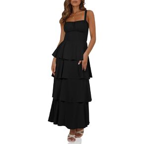 Wenrine Womens Summer Maxi Dress Spaghetti Strap Sleeveless Tie Back Flowy Tiered Casual Dresses