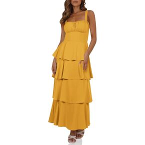 فستان نسائي طويل صيفي من Wenrine بحزام سباغيتي بدون أكمام وربطة عنق من الخلف فساتين كاجوال بطبقات متدرجة in Kuwait