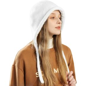 Y2K Cute Fluffy Beanie Hats for Women Girls Warm Faux Fur Winter Earflap Hat Tie Pullover Hat