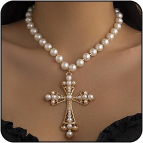 Pearl Cross Necklace Big Cross Pendants Necklaces for Women Chunky Pearl Necklace Gothic Cross Necklace Punk Vintage Cross Jewelry Women