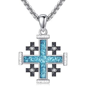 Crusader Jerusalem Cross Necklace Sterling Silver Turquoise Cross Pendant Religious Cross Jewelry Gifts for Women Men