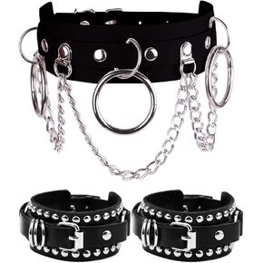 3pcs Ring Choker and Bracelets Set Goth Jewelry for Women Ladies Black Leather Collar Cuff Cosplay Accessories Costume