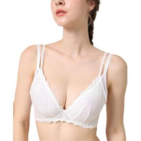 Women's Sexy Plus Size Plunge Underwire Bra See Through Floral Lace Bras for Women Unlined Sheer Mesh