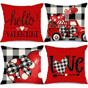 Buffalo Plaid Valentines Day Pillow Covers 18x18 Set of 4 Valentines Day Decor Polka Dot Red Heart with Bow Love Truck Valentine Pillows Decorative Throw Pillows Valentines Day Decorations G169-18