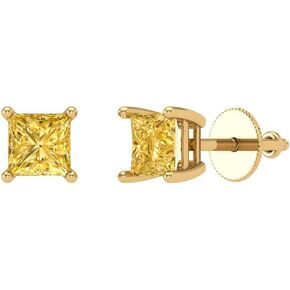 Clara Pucci 0.4 Carat Princess Cut Solitaire Natural Yellow Citrine Unisex Stud Earrings 14k Yellow Gold Screw Back conflict free Jewelry