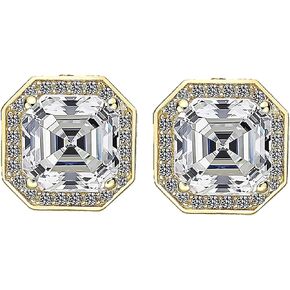 14K Solid Gold Post & Sterling Silver Asscher Cut Halo CZ Stud Earrings 0.80-4.00cttw Cubic Zirconia in Kuwait